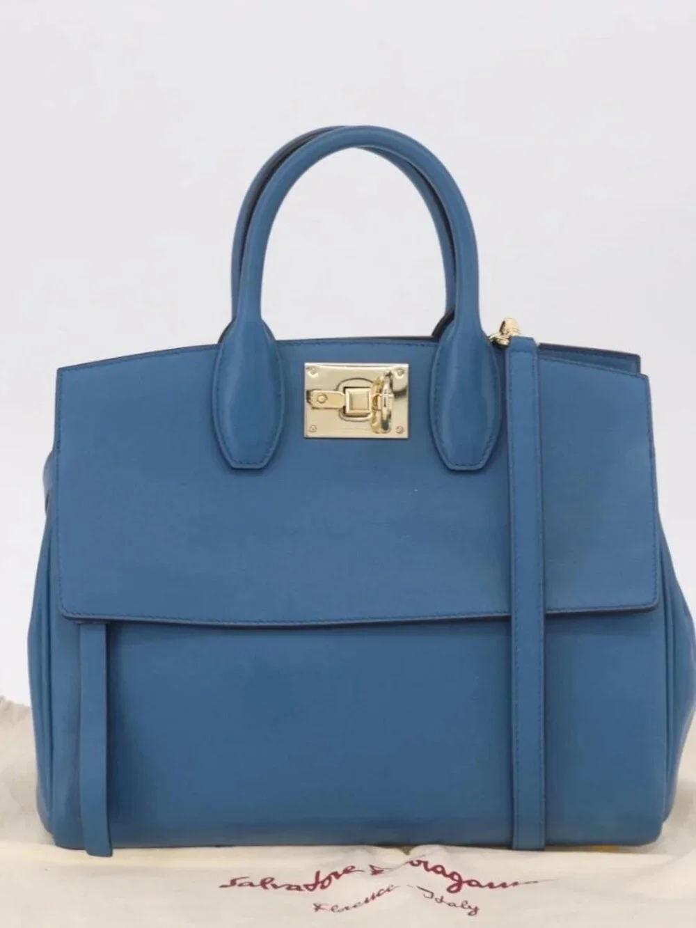 Salvatore Ferragamo Gancini Studio bag Bag Leather 2way Blue Gold Auth ka4871V